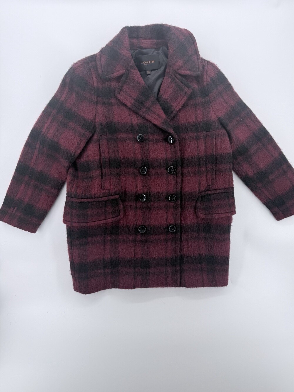 Coach Double-Breasted Long Plaid Peacoat in Dark Cranberry Size Large